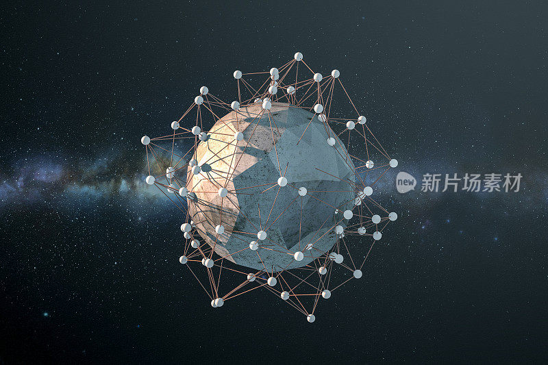 Global digital mesh network with low poly rock，区块链Concept